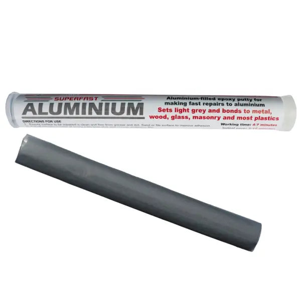 Aluminum-filled epoxy putty stick in gray cylindrical form for Superfast Aluminium Epoxy