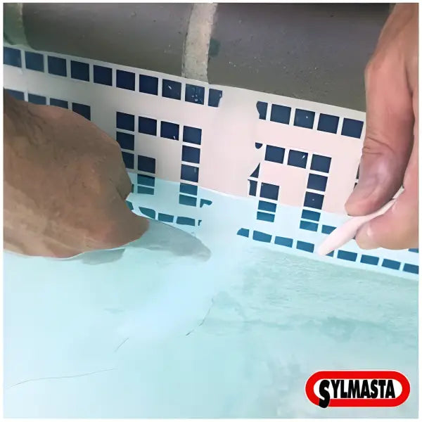 Blue mosaic tile pattern installation with Superfast Aqua Epoxy Putty Stick