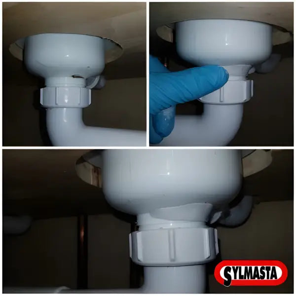 White PVC sink drain pipe with connecting nut and trap in Superfast Plastic Epoxy Putty Stick