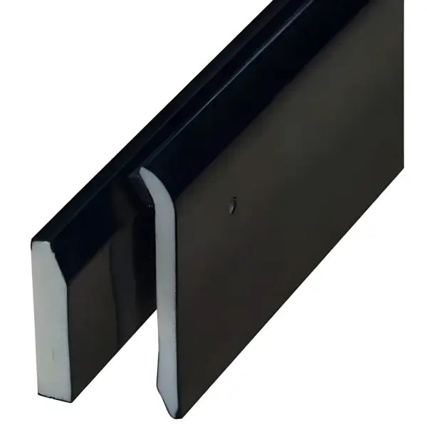 Two black rectangular metal bars with flat surfaces for Sure Edge Gutter Drip Trim