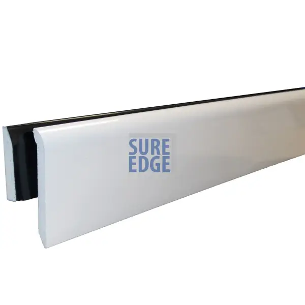 White straight edge ruler featuring SURE EDGE text in blue for Sure Edge Gutter Drip Trim