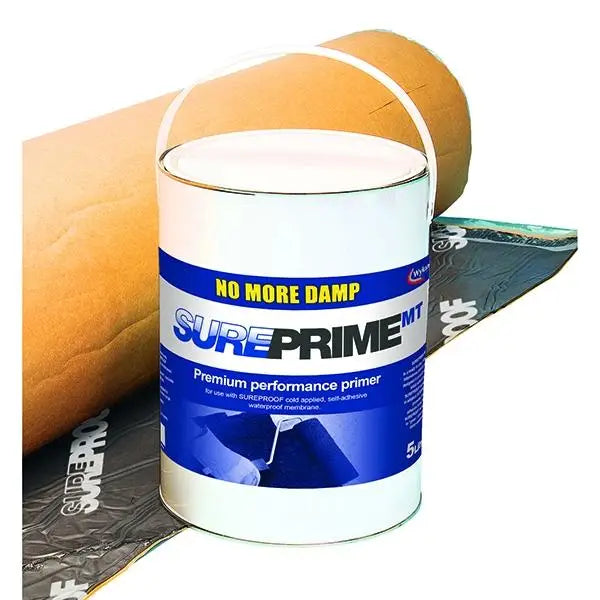 Can of SurePrime No More Damp Premium Performance Primer displayed in Sureprime 5L packaging