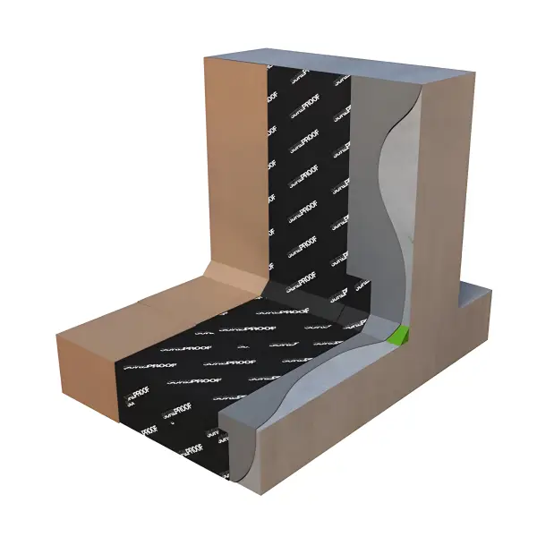 Cross-sectional diagram illustrating waterproofing membrane installation on a foundation wall