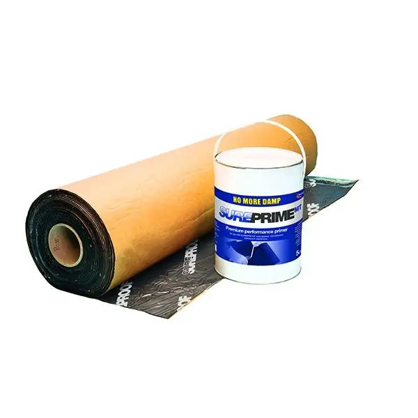 Roll of orange roofing membrane next to primer container for Sureproof 300mm Tape