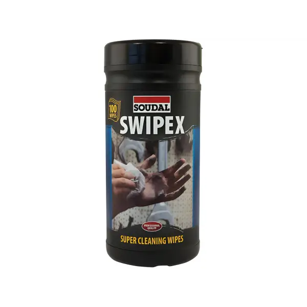 Black container of Soudal Swipex cleaning wipes for effective surface cleaning