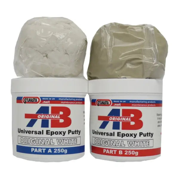 Two containers of Sylmasta AB Original Epoxy Repair Putty, Parts A and B displayed