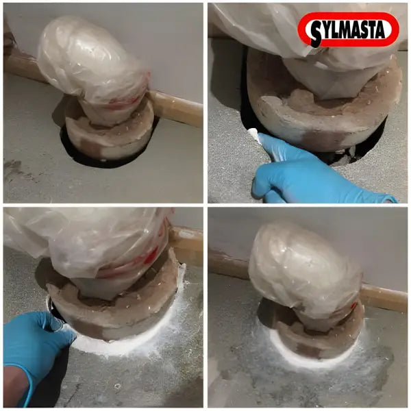 Toilet flange repair with Sylmasta AB Original Epoxy Putty and blue gloves visible
