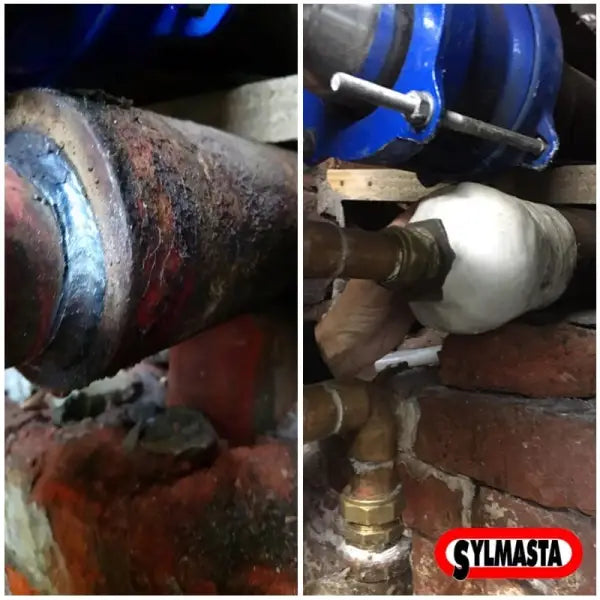 Corroded pipe joint with welding marks shown alongside Sylmasta AB Original Epoxy Repair Putty