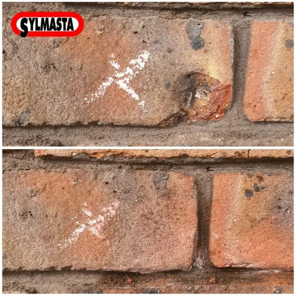 White X mark on red brick highlighting Sylmasta AB Original Epoxy Repair Putty application