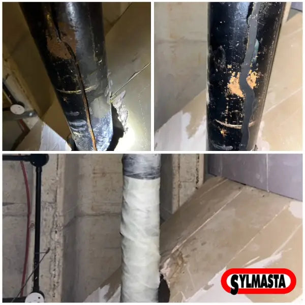Damaged and repaired pipes using SylWrap Cast Iron Pipe Repair Kit for effective restoration