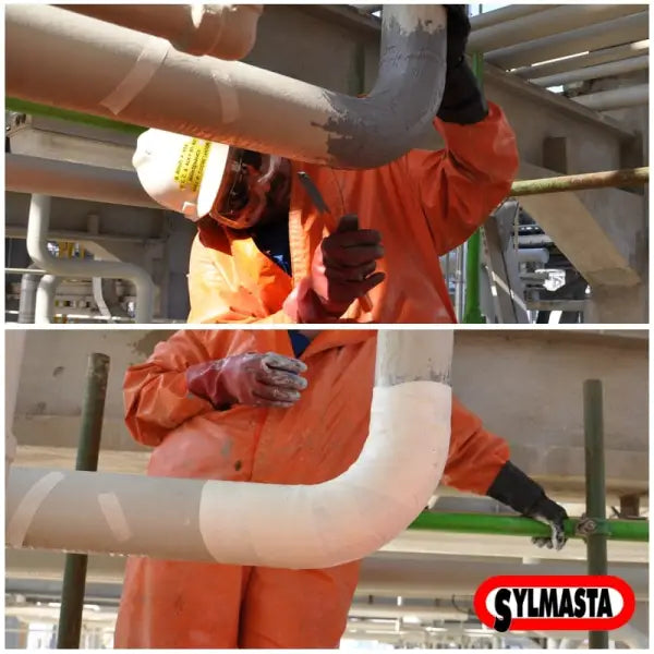 Orange protective coveralls used with SylWrap HD Pipe Repair Bandage for industrial piping