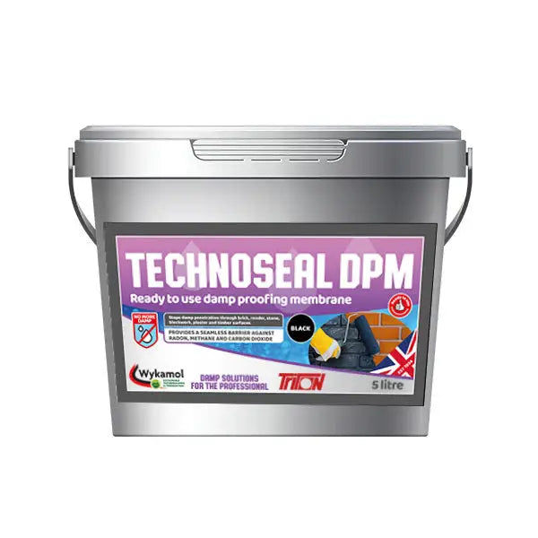 Grey plastic bucket of Technoseal DPM Damp Proofing Membrane BLACK with purple label