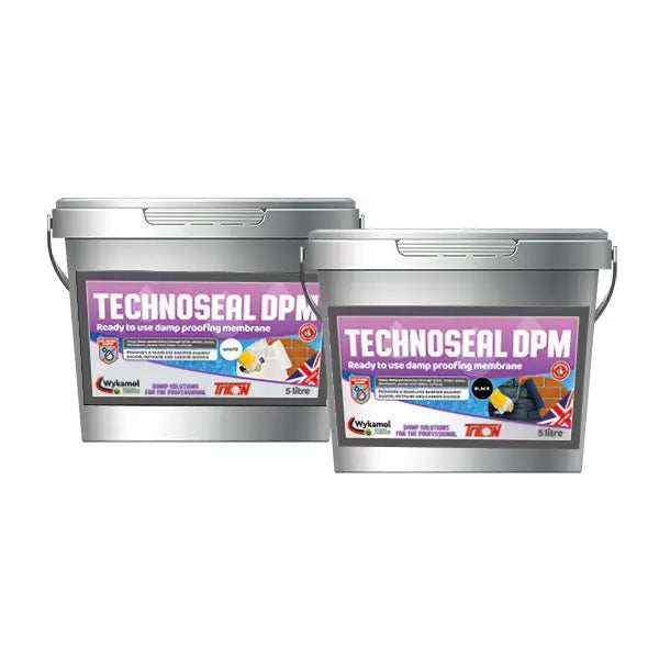 Two grey buckets of Technoseal DPM Damp Proofing Membrane BLACK for waterproofing