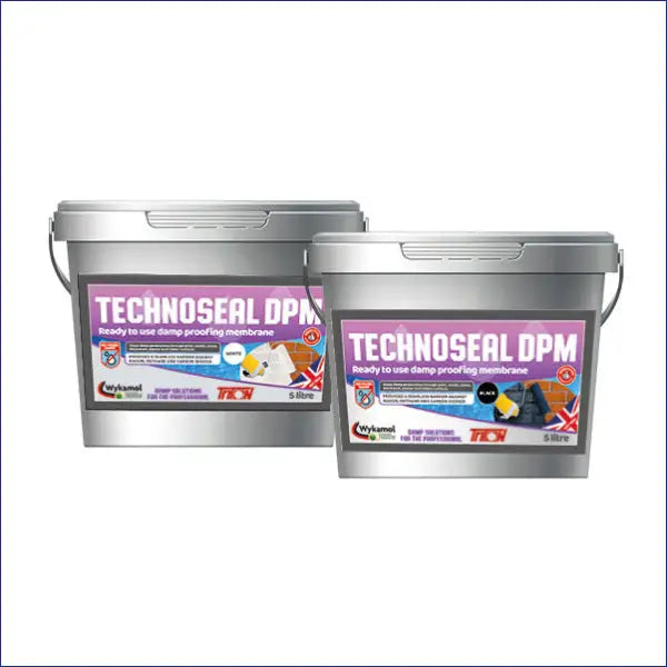 Two grey buckets of Technoseal DPM with purple labels for Damp Proofing Membrane