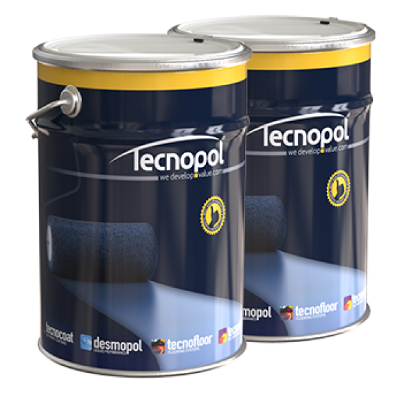 Two blue and yellow paint cans from the Tecnocoat P-2049 Coating System