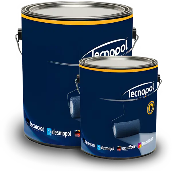 Two navy blue paint cans featuring Tecnopol branding for Tecnocoat CP-2049 Polyurea