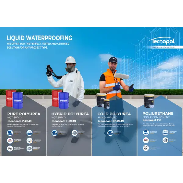 Tecnocoat CP-2049 Polyurea liquid waterproofing solutions and applications displayed