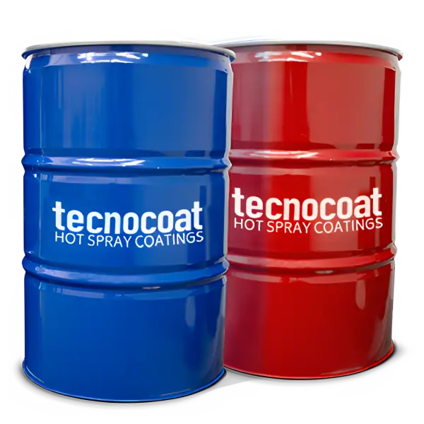 Blue and red TecnoCoat barrels from the Tecnocoat H-2049 LV Coating System