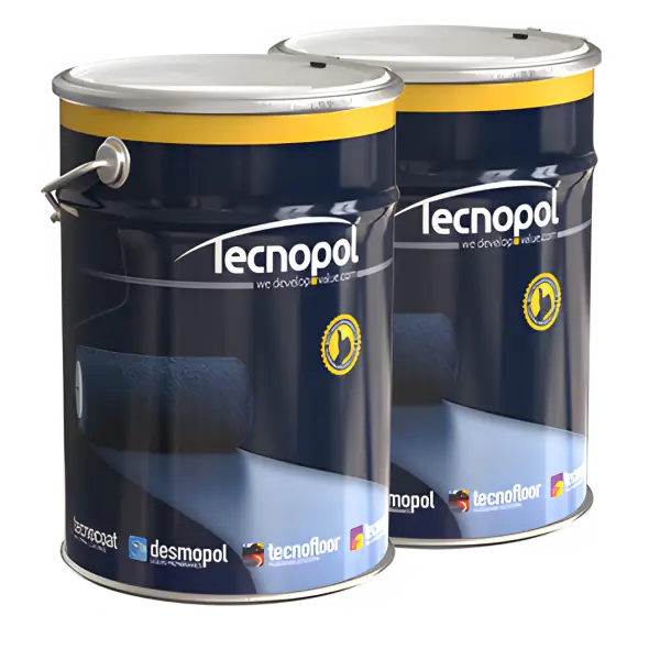 Two blue and yellow paint cans from the Tecnocoat P-2049 AL Coating System