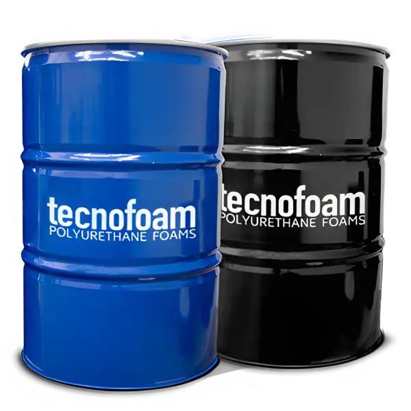 Two industrial Tecnofoam drums in blue and black for G-2008 Plus Spray Insulation Foam