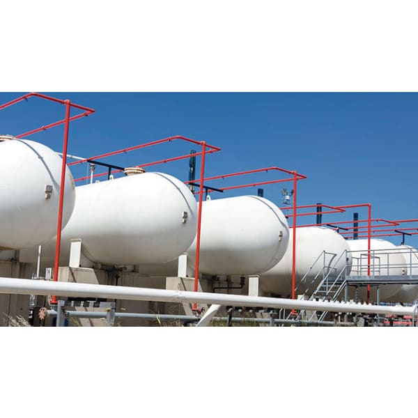 White cylindrical storage tanks featured in Thermaguard TIC 180 product display