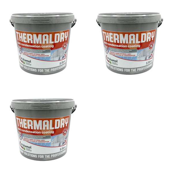 Three grey buckets of Thermaldry Anti-Condensation Coating for waterproofing and anti-mould