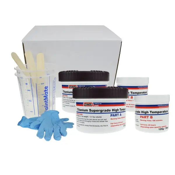 Epoxy resin containers with mixing supplies and gloves for Titanium Supergrade HT Epoxy Paste