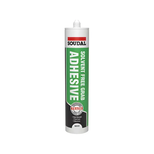 White Soudal Trade Grab Solvent Free Adhesive Sealant with red and green labeling