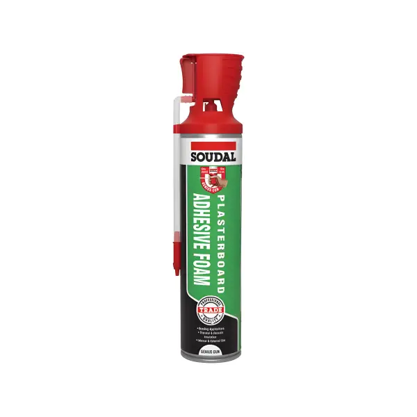 Red and green Soudal adhesive foam spray can for Trade Plasterboard Adhesive Genius