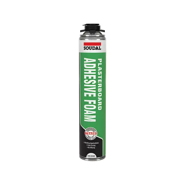 Green and black Soudal adhesive foam spray can next to Trade Plasterboard Adh Gun