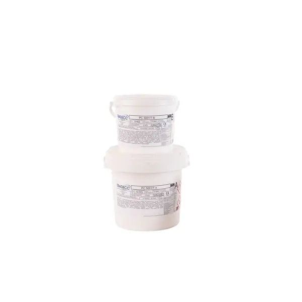 Two stacked white plastic containers with labels for Tradecc’s Polyurea Waterproof Coating