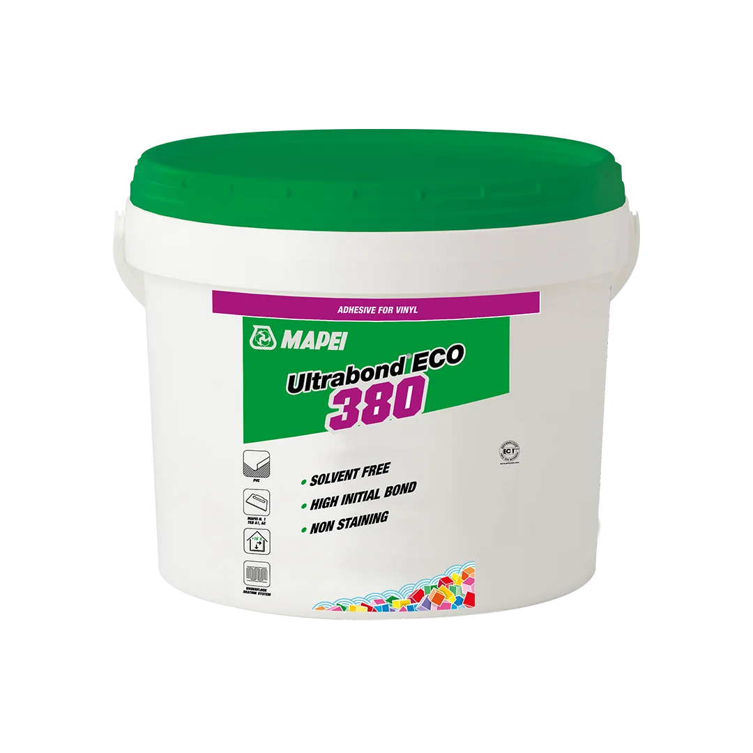 Mapei Ultrabond ECO 380 adhesive in a white plastic tub with green lid, labeled for vinyl and PVC flooring, featuring solvent-free and high bond strength claims.