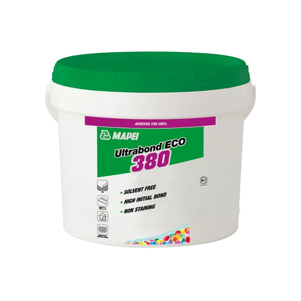 Mapei Ultrabond ECO 380 adhesive in a white plastic tub with green lid, labeled for vinyl and PVC flooring, featuring solvent-free and high bond strength claims.