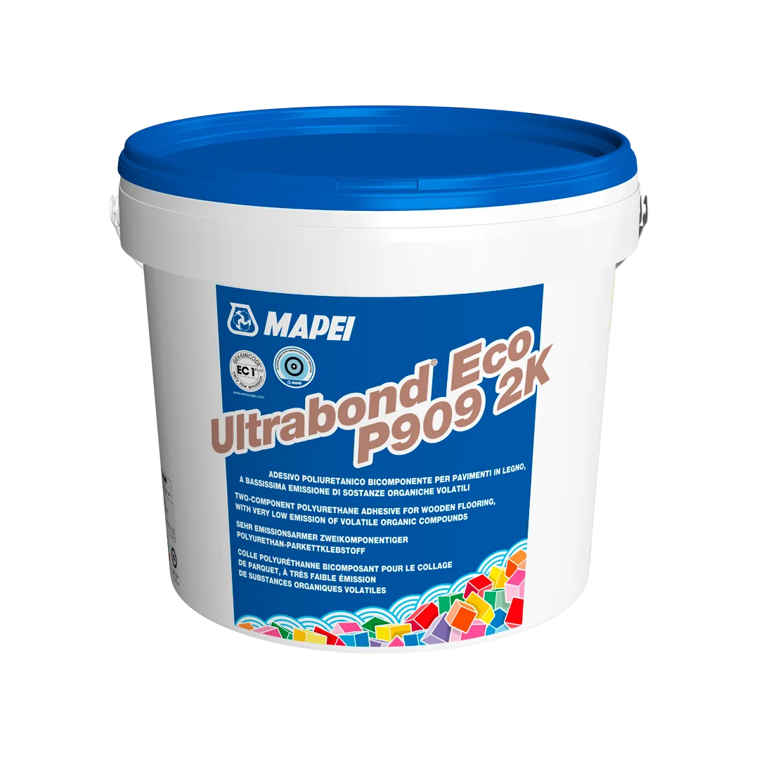Mapei Ultrabond ECO P909 2K adhesive in a white bucket with a blue lid, labeled for two-component polyurethane bonding of wooden flooring with low VOC emissions.