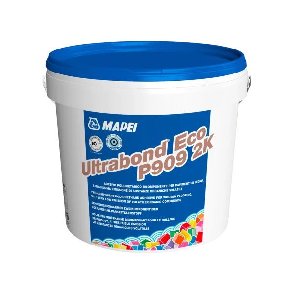 Mapei Ultrabond ECO P909 2K adhesive in a white bucket with a blue lid, labeled for two-component polyurethane bonding of wooden flooring with low VOC emissions.