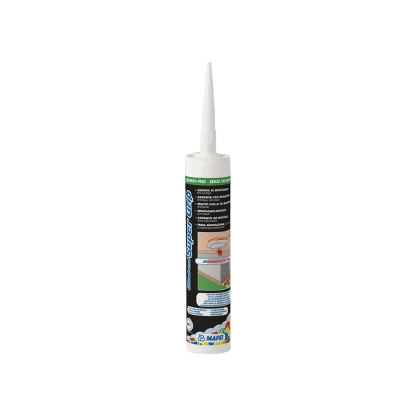 ULTRABOND SUPER GRIP high-strength white acrylic adhesive for bonding PVC, wood, trims, panels, and profiles on absorbent construction substrates."