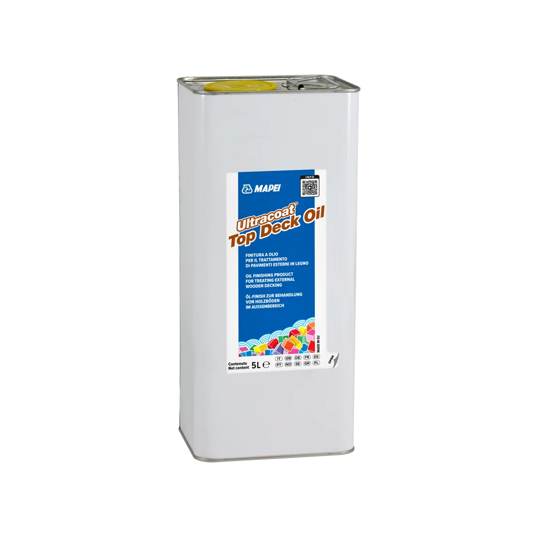 Mapei Ultracoat Top Deck Oil 5L can – exterior wood decking oil for UV, fungi, and mould protection in Transparent or Teak finish