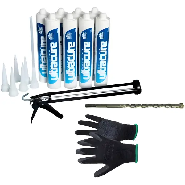 Caulking gun kit with sealant tubes and tools, featured in Ultracure Damp Proof Cream Kits