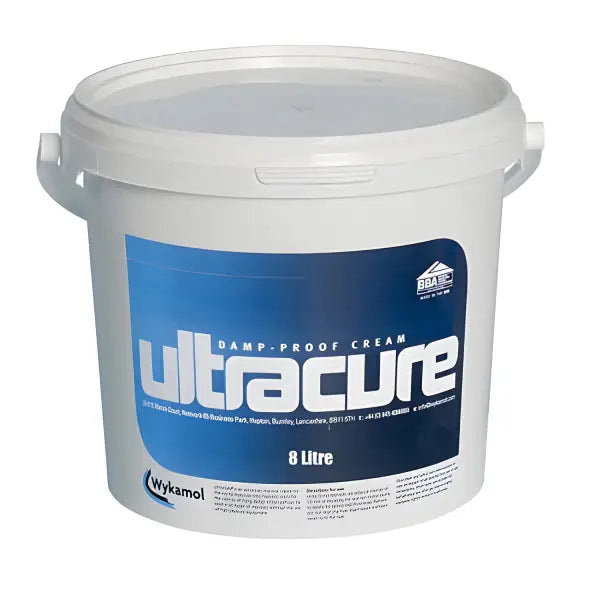 White plastic bucket of Ultracure Damp Proofing Cream in 8 Litre Box packaging