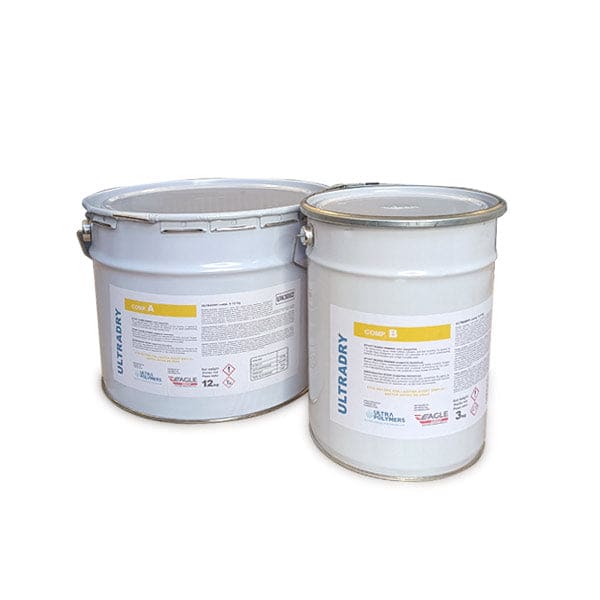 Two white buckets of Ultrady in ULTRADRY Bicomponent Epoxy Resin product display