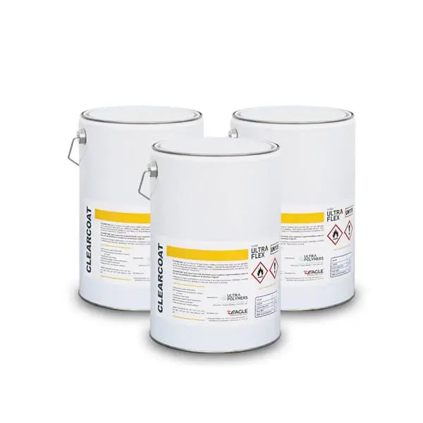 Three white industrial paint containers with yellow labels and metal handles for Ultraflex Clearcoat