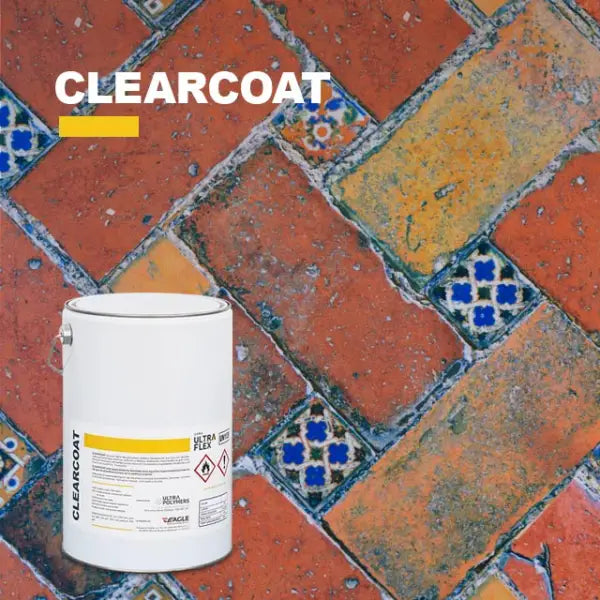 White Ultraflex Clearcoat sealant container on decorative tile flooring background