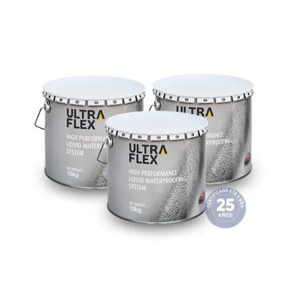 Three silver Ultra Flex paint cans with metal handles and lids for waterproofing