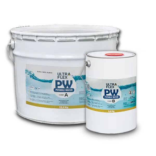 Two containers of Ultra Flex PW waterproofing coating parts A and B DWI approved