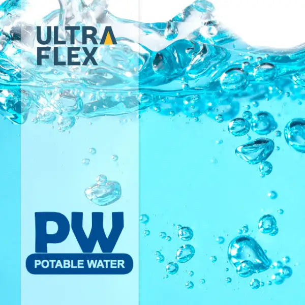 Blue-tinted water bottle label for Ultra Flex PW Potable Water with bubbles