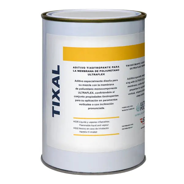 White cylindrical can with yellow labeling marked TIXAL for Ultraflex Tixal product