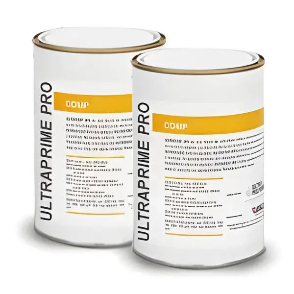 Two white cylindrical containers with yellow labels marked Ultraprime Pro on display