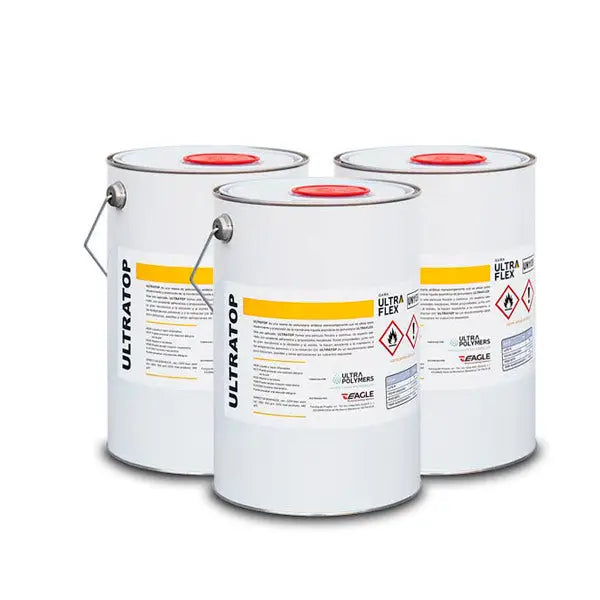 Three white Ultratop industrial chemical cans with red caps and yellow labels