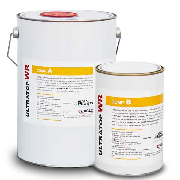 Two white paint cans with yellow labels and red branding of Ultratop WR