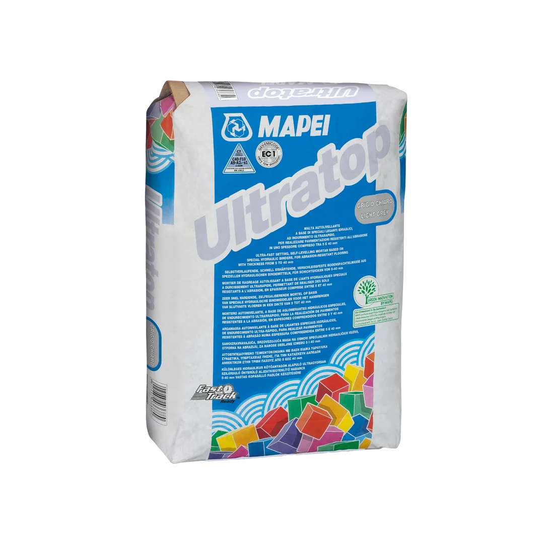 Bag of Mapei Ultratop – self-levelling, ultra-quick hardening cementitious mortar for seamless abrasion-resistant flooring, supplied in 25kg bags.